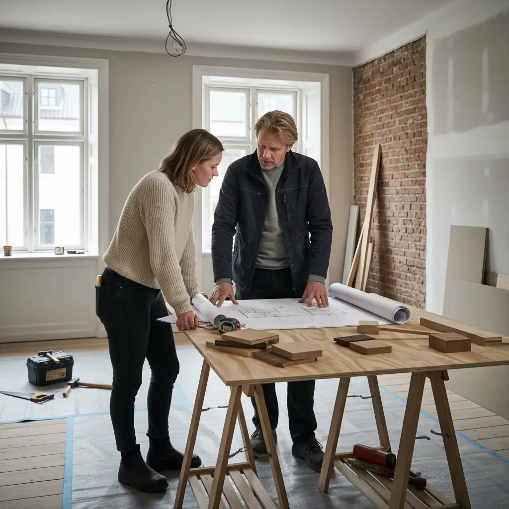 Tømrer gennemgår tegninger med kunde i et københavnsk hjem under renovering, træprøver og målebånd på bordet.