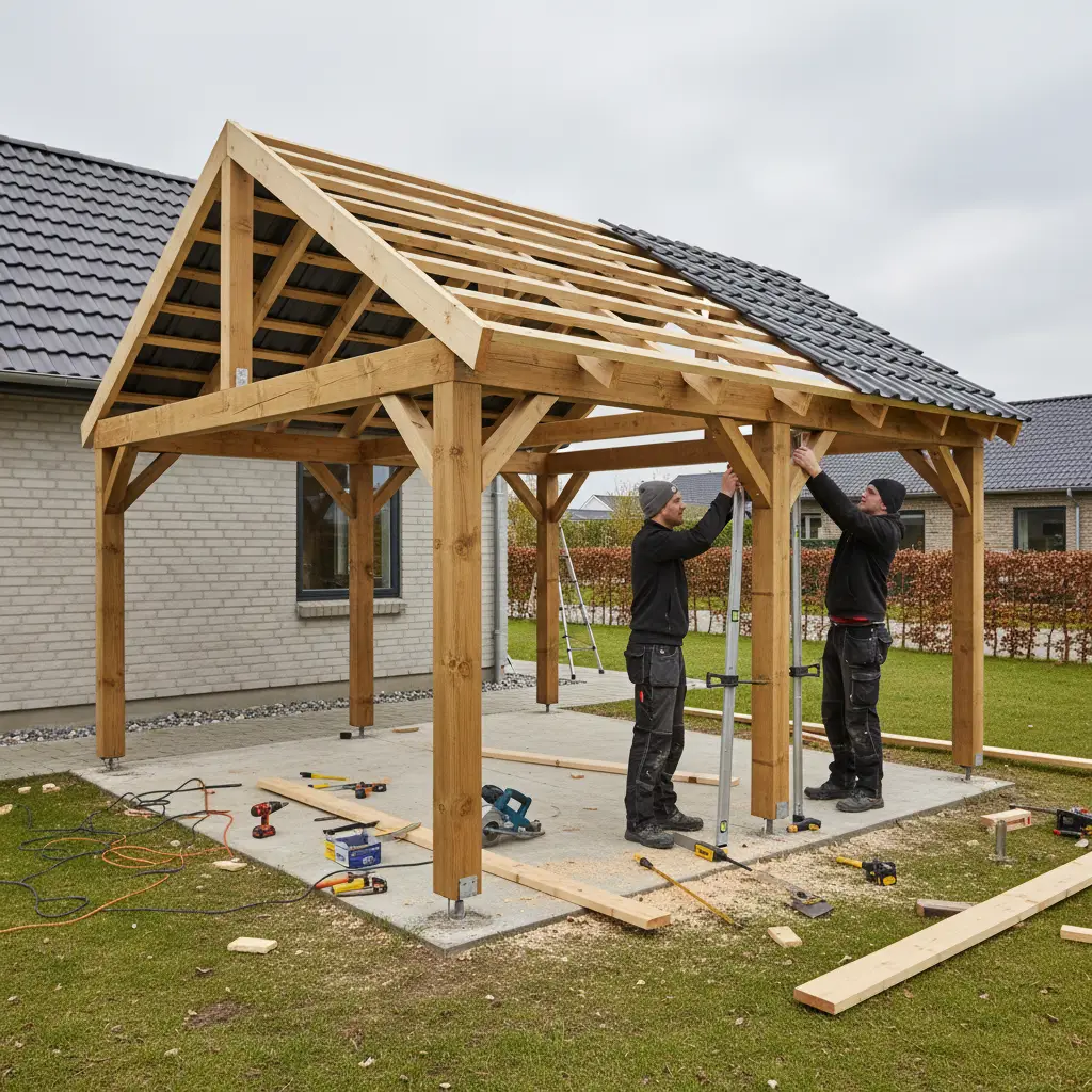 Realistisk foto af en carport under opførelse ved en bolig, med synlige træstolper, spær, tagkonstruktion og tømrerens værktøj på byggepladsen.