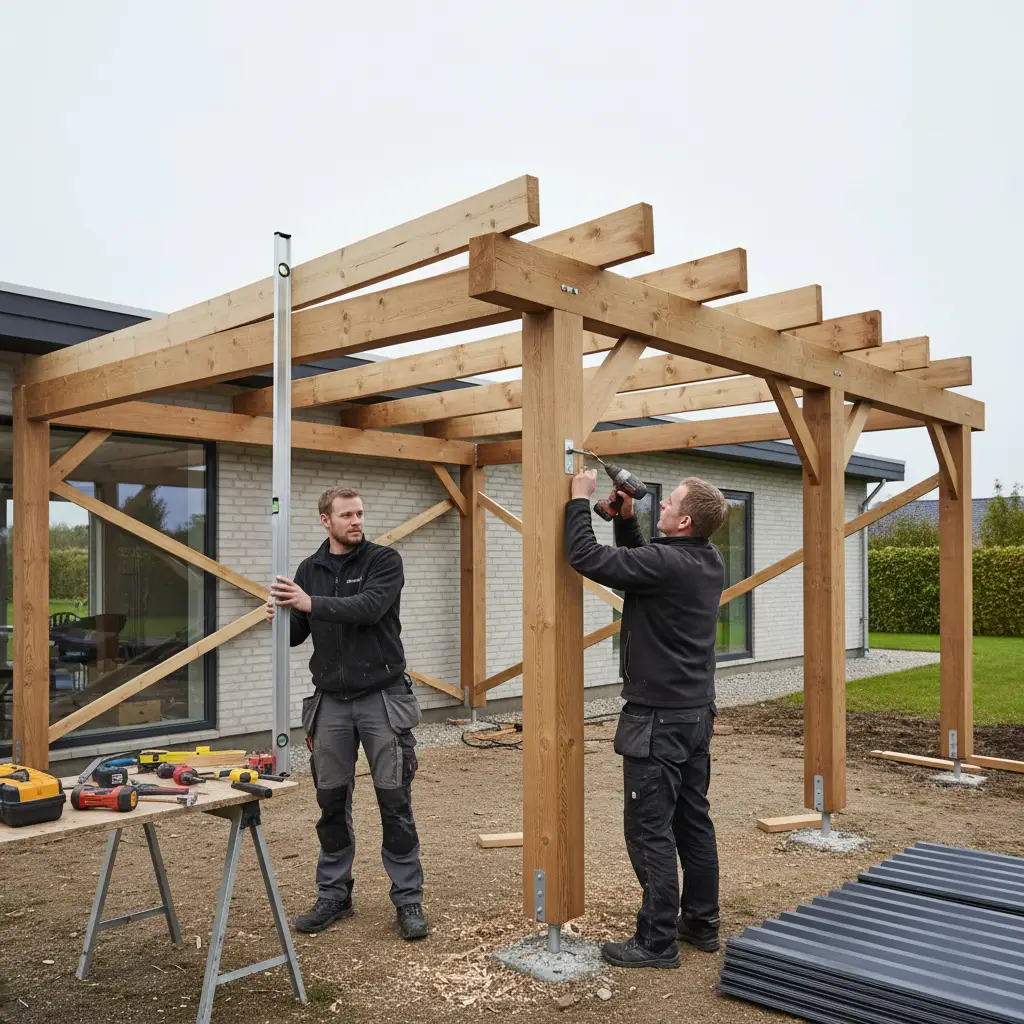 Realistisk foto af en carport under opbygning ved en bolig, med synlige stolper, remme, spær, tagplader, vaterpas og tømrerarbejde på konstruktionen.