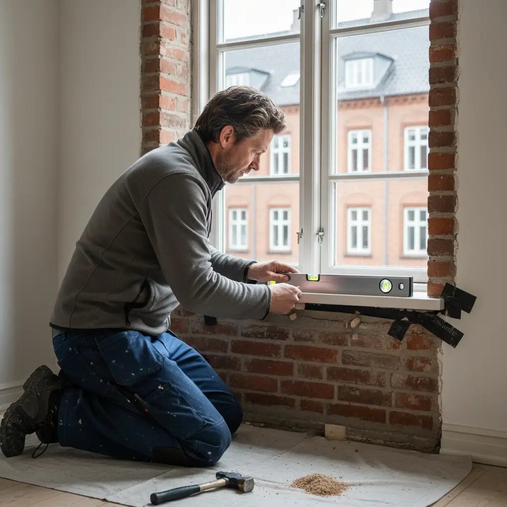 Realistisk foto af tømrer i gang med Døre og vinduesudskift i en bolig i København, hvor en ny vindueskarm justeres med vaterpas, kiler og synlige fugebånd omkring elementet.