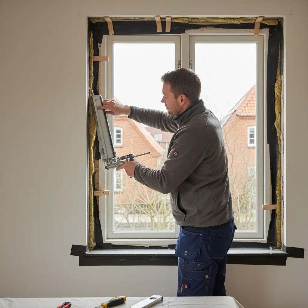 Realistisk foto af Døre og vinduesudskift i gang, hvor en tømrer justerer en ny vinduesramme i en bolig med fugepistol, kiler og synlige tætningsbånd omkring karmen.