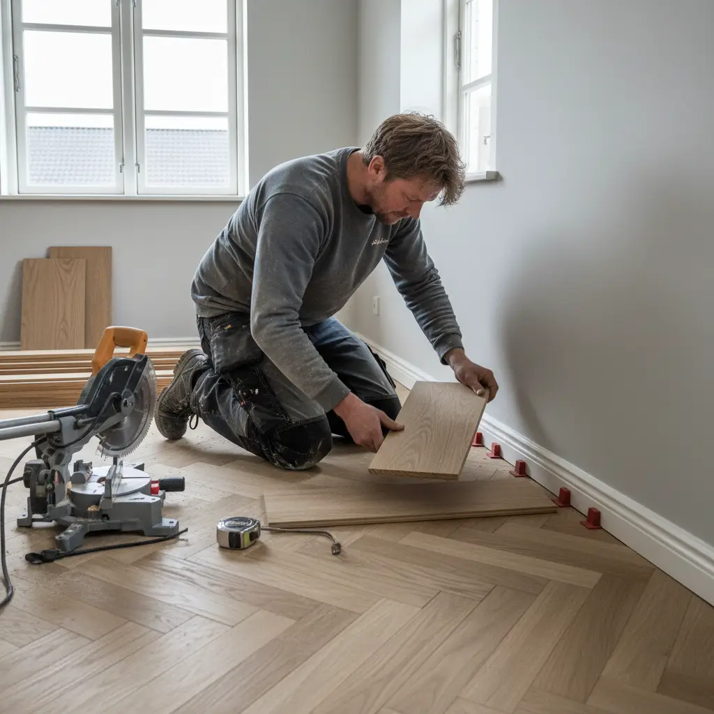 Realistisk foto af nye gulve under lægning i en bolig, hvor sildebensparket tilpasses ved fodlister med afstandskiler, geringssav og målebånd synligt på undergulvet.