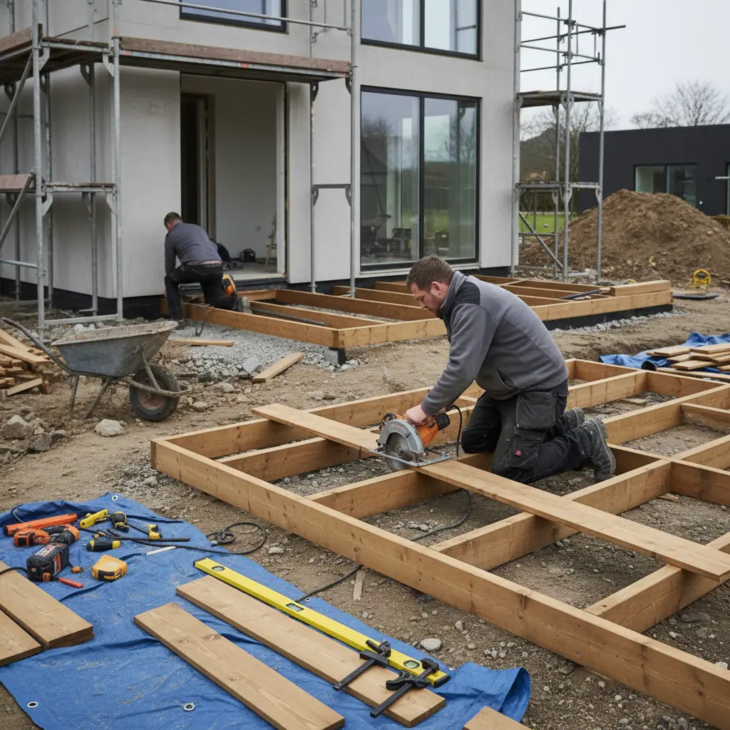 Realistisk foto af håndværker fra JB Hafnia, der monterer en ny træterrasse foran et villaprojekt i København med værktøj og brædder synligt på pladsen.