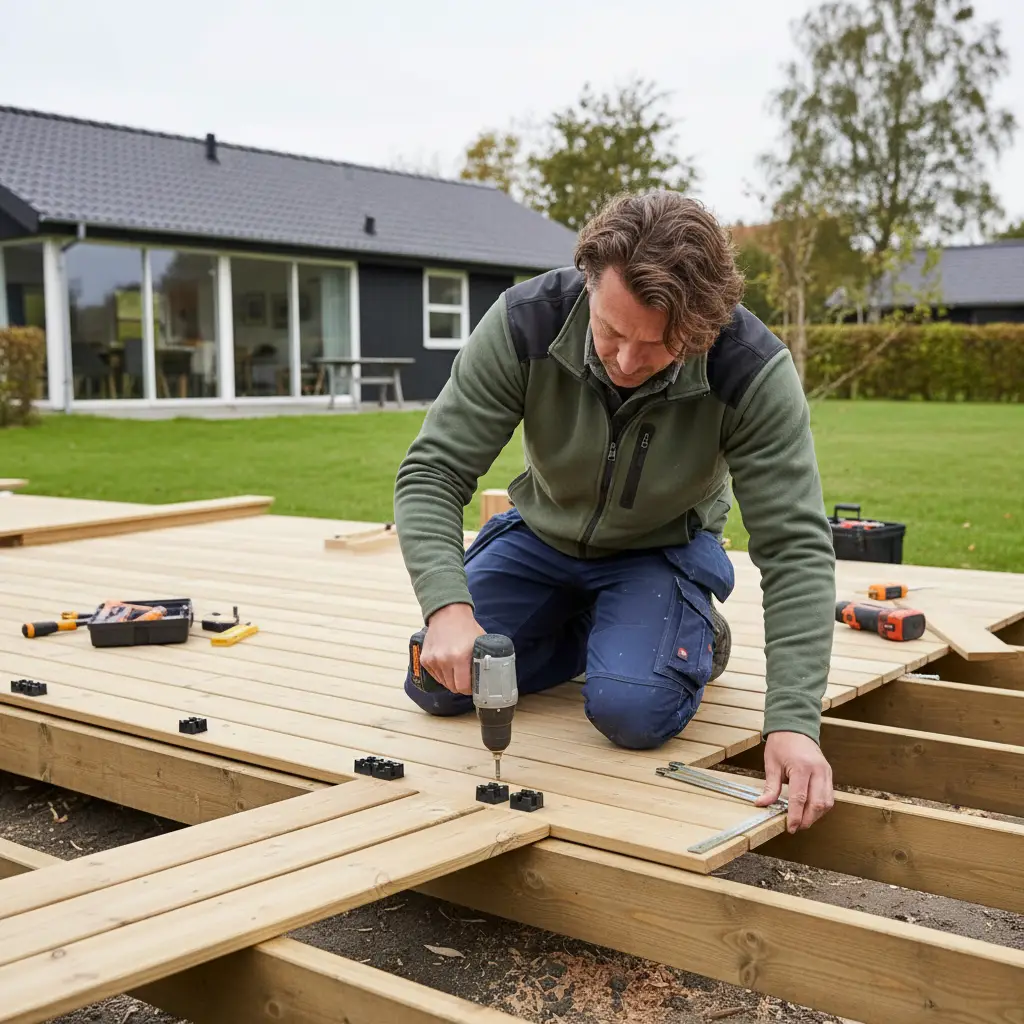 Realistisk foto af tømrer i arbejdstøj, der monterer terrassebrædder på strøer ved en bolig, med tommestok, skruemaskine og afstandsklodser i brug.