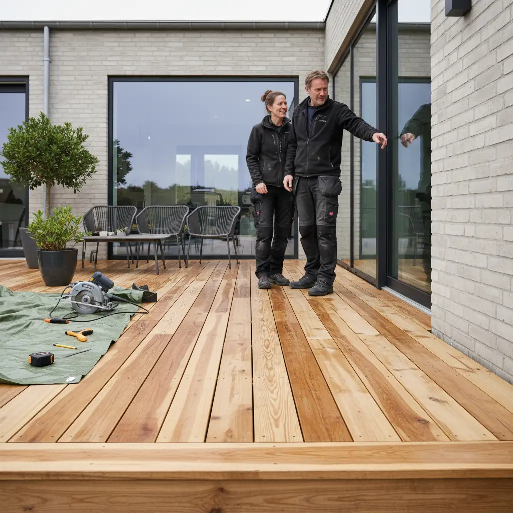 Realistisk foto af færdig træterrasse ved en bolig i København med jævne terrassebrædder, ren kantafslutning og synlig træstruktur i dagslys.