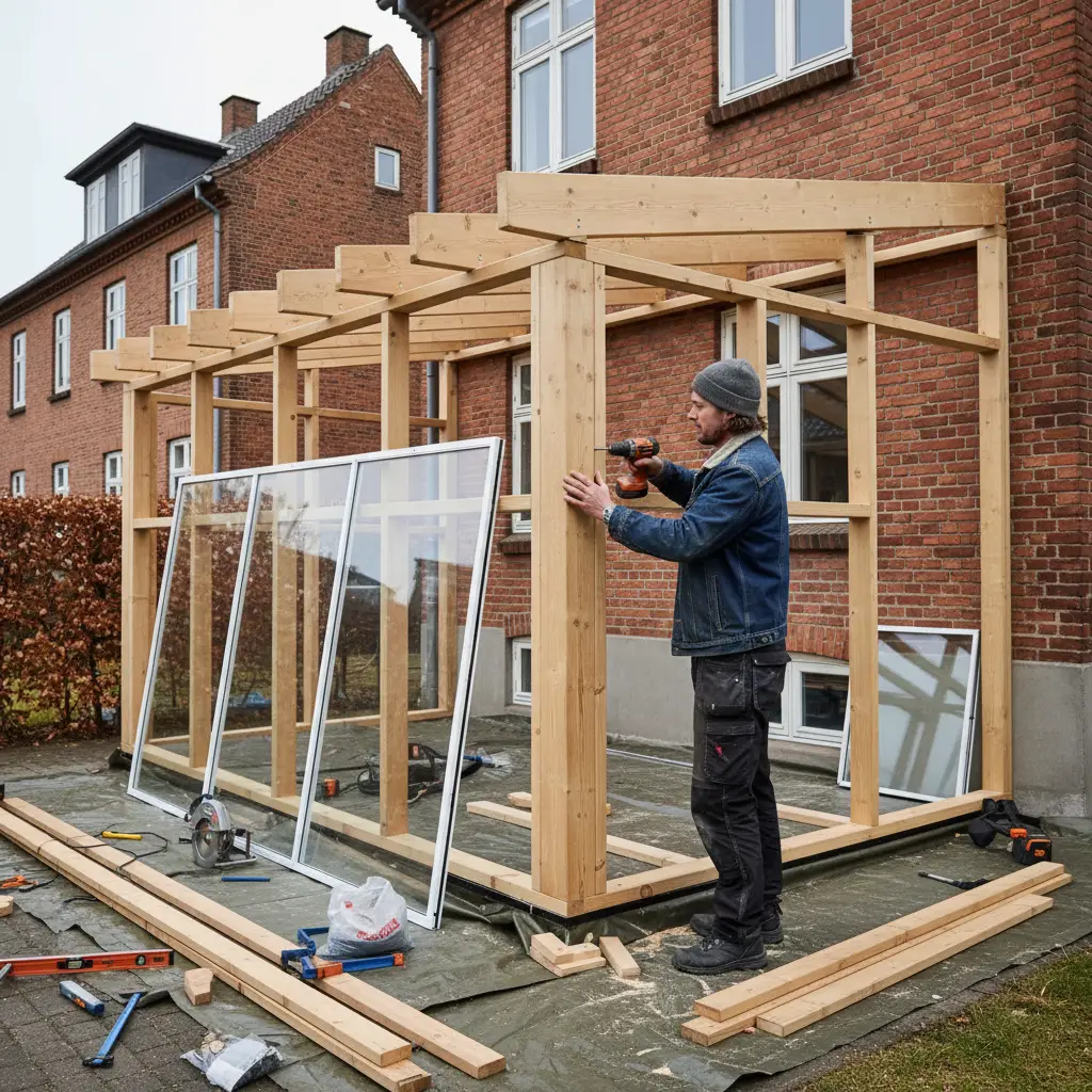 Realistisk foto af tømrer fra JB Hafnia ApS i gang med en udestue, hvor remme, stolper og glaspartier er ved at blive monteret mod et københavnsk hus.