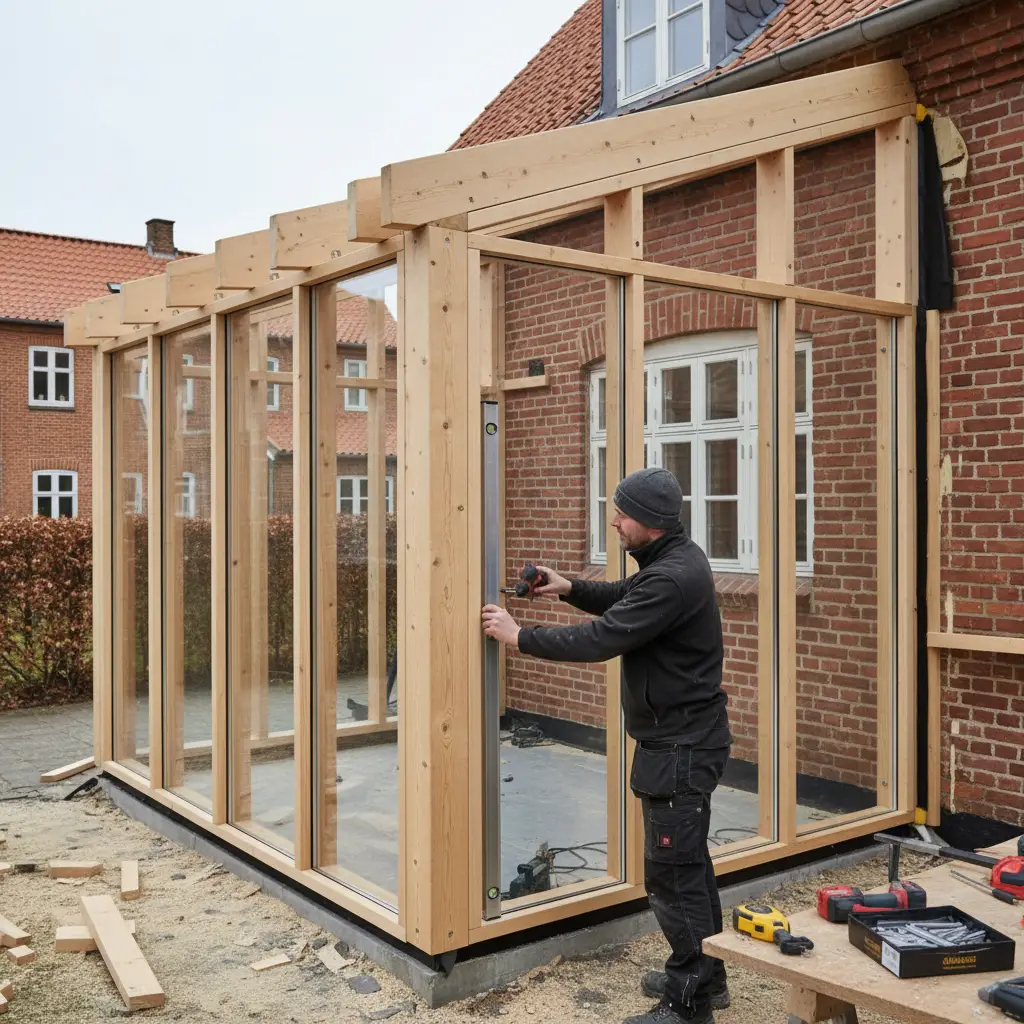 Realistisk foto af udestue under opførelse i København, hvor træskelet, glaspartier og overgang til facade er synlige, mens tømreren bruger vaterpas og fastgørelser.